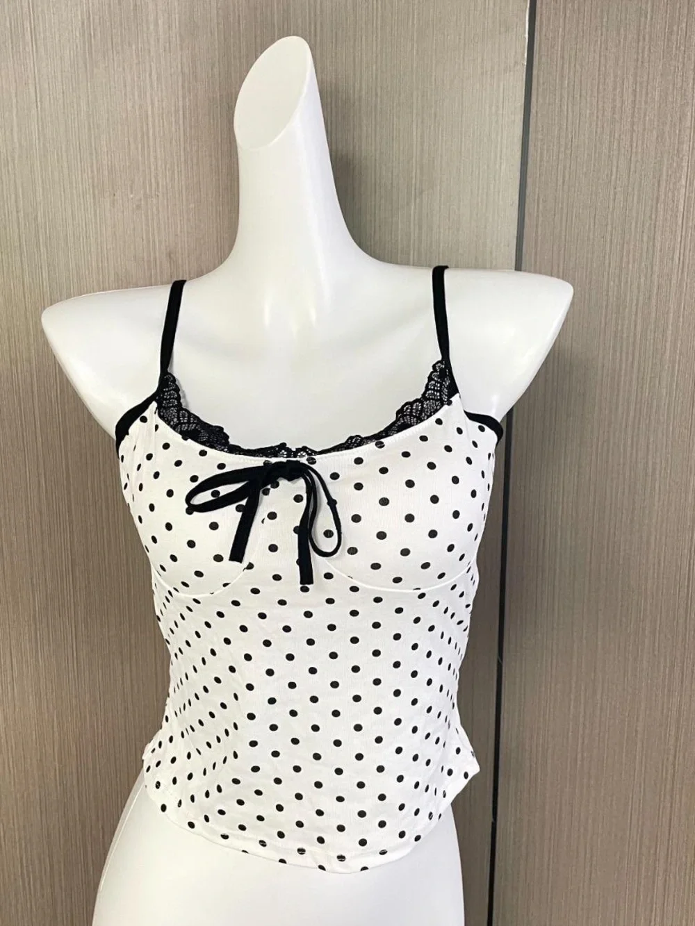 Polka Dot Lace-Trim Cami Tank Top - White/Black